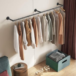 Industrial Pipe Wall-Mounted Clothes Rack, Heavy Duty Garment Rack with 3 Bases, Space Saving Closet Storage, Black