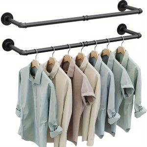 Industrial Pipe Clothes Rack Wall Mounted Set Of 2, 38.4 Inches Heavy Duty Iron Pipe Clothing Garment Rail, Multi-Purpose Clothing Hanging Rod For Laundry Room And Closet Storage Black