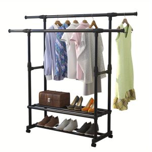 Adjustable Double Rail Rolling Garment Rack, Heavy-Duty Plastic Clothes Organizer With Bottom Shelves For Shoes Storage, Clothes Hanging Rack, Suitable For Clothes Shops