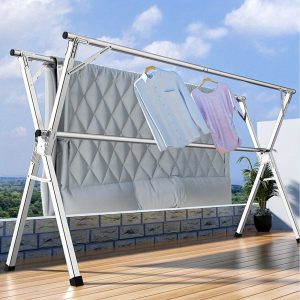 Silver Stainless Steel Adjustable Folding Double Track Drying Rack, Floor-Mounted Clothes Dryer, Foldable, Retractable, Expandable, Ideal for Clothing Organization