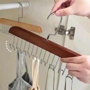 2PCS Wooden Clothes Hanger With 8 Hooks, Bra Space Saving Hangers, Heavy Duty Hanger With 360??Rotating Hooks, Closet Wardrobe Organizer For Tank Tops Camisole, Bathing Suits, Bras, Scarfs, Underwear Storage Hanging Rack Vest Rack For Clothing Stores