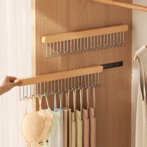 Contemporary Wooden Pull-Out Wardrobe Drying Rack with Telescopic Hooks - Wall Mounted Clothes Hanger for Underwear and Vest Storage