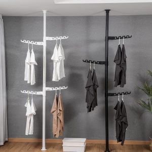 4-Tier Standing Clothes Laundry Drying Rack Coat Hanger Organizer Floor to Ceiling Adjustable Metal Corner Tension Pole