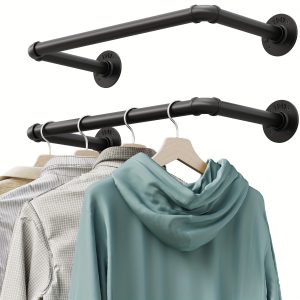 2PCS Industrial Pipe Clothes Rack 21.6 Inch, Heavy Duty Wall Mounted Black Iron Garment Bar, Multi - Purpose Clothing Hanging Rod For Laundry Room And Closet Storage