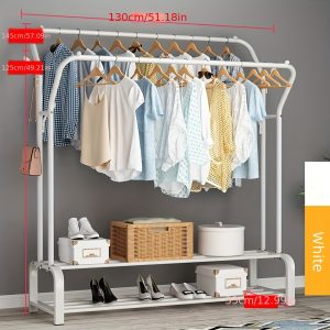 Simple Double Pole Clothes Hanger With Double Layer Shoe Rack, Portable Independent Clothes Hanger Organizer And Storage System With Side Hooks. The Metal Clothes Hanger Is Suitable For Cloakrooms, Bedrooms, Entrances, Etc., Saving Space.