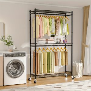 Rolling Clothes Rack For Hanging Clothes, Metal Clothing Garment Rack With Double Rods & 3 Wire Shelves, Portable Wardrobe Closet With Wheels