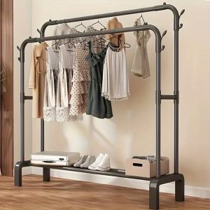 1pc metal hanger, adjustable independent clothing organizer, storage rack and shoe rack for bedroom, living room, entrance, black