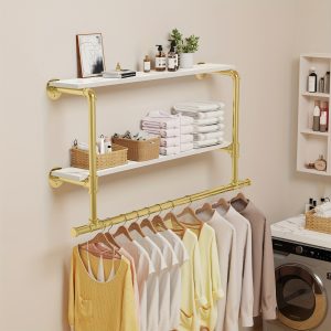 Clothes Display Rack: Industrial Pipe Clothing Rack with 2-tier Top Wood Shelves Space Saving Wall Hanging Rack for Laundry Room, Closet Storage