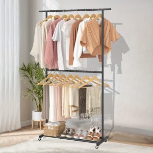 1 Pc Double Rods Clothing Garment Rack, Rolling Clothes Organizer On Wheels For Hanging Clothes, Skirts, Easy To Assemble, Used In Bedroom, Living Room