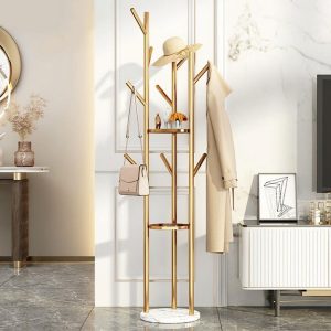 Wisfor Gold Coat Racks Freestanding Coat Rack Stand Hallway Tree Entryway Clothes Hangers with 3-tier Storage Shelves Stable Stone Base for Living Room Furniture